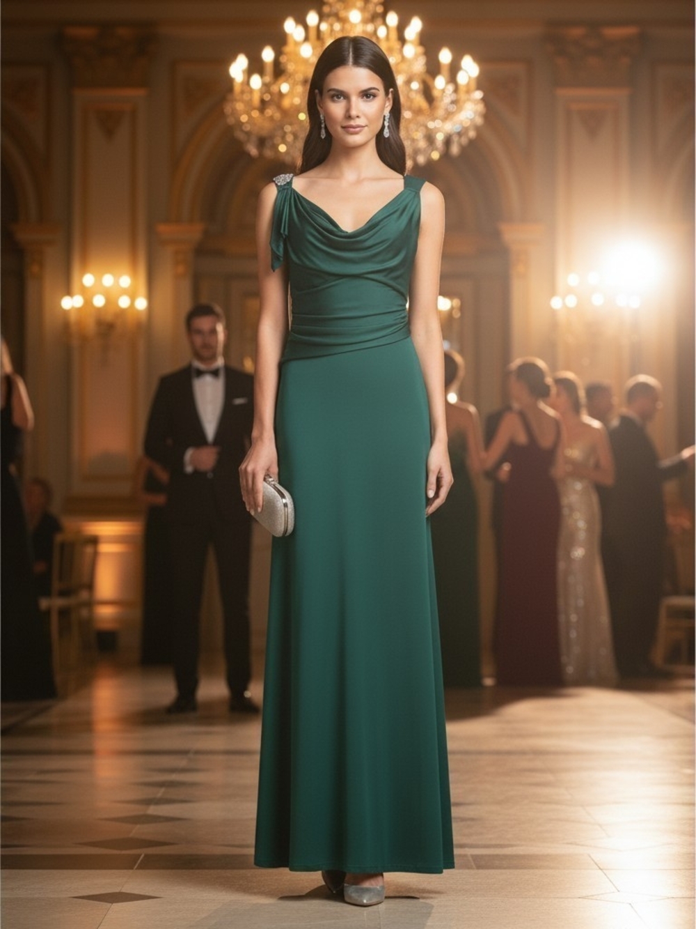 David Meister Emerald Green Draped Cowl Neck Jeweled Formal Evening Gown Size 6